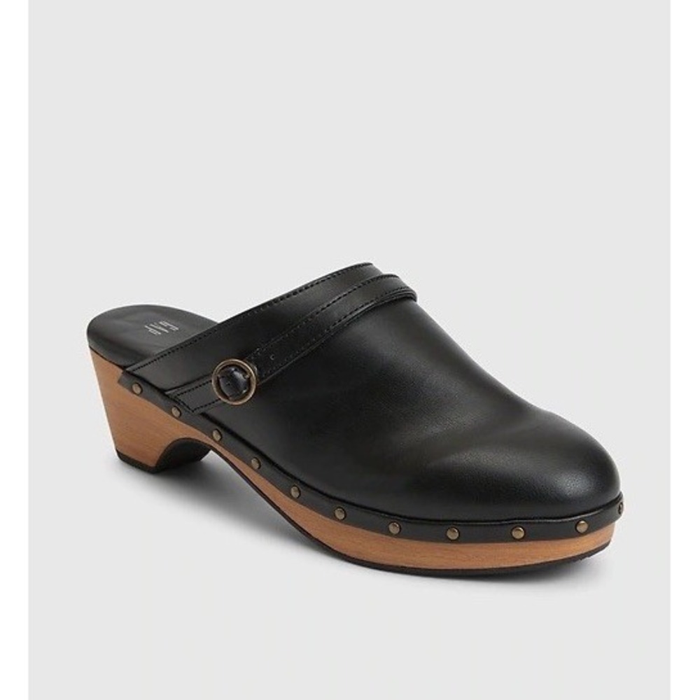 Gap Black Faux Leather Studded Wood Block Heel Clogs Mules Buckle Strap